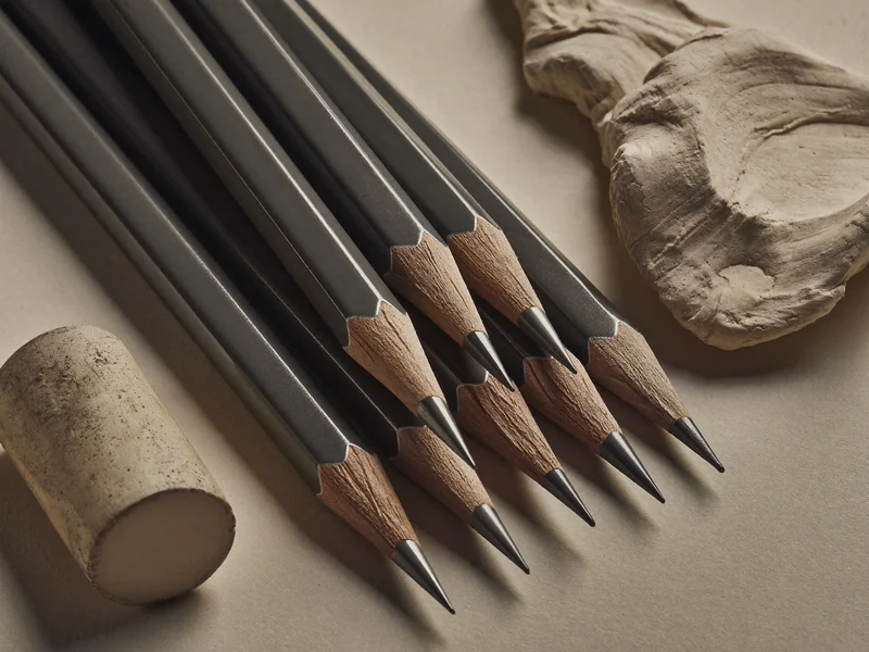 Abgestufte Graphitstifte mit Knetradierer und Wischer auf cremefarbenem Papier