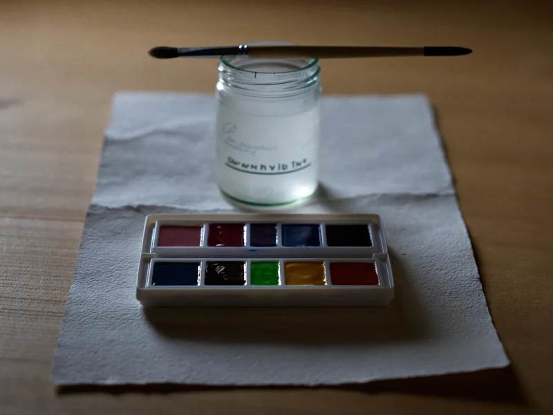 Aquarellnäpfe, nasser Rundpinsel und Wasserglas auf rauem Aquarellpapier