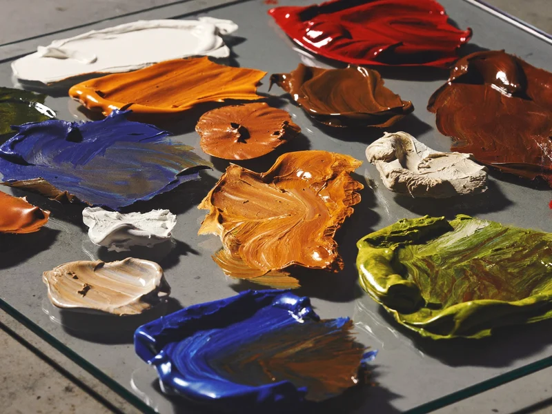 Nahaufnahme von Acryl- und Ölfarbproben auf einer Glaspalette
